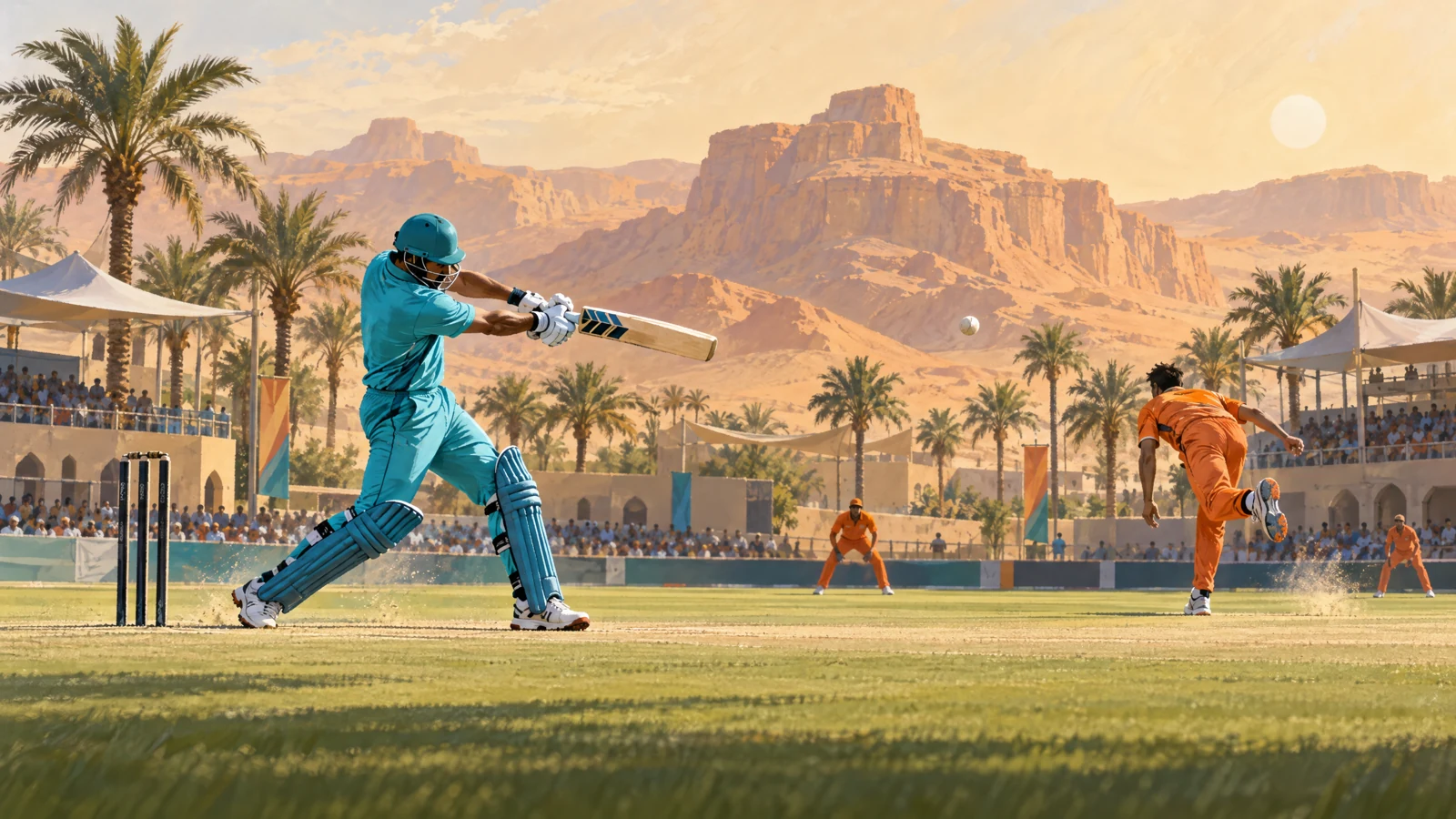 Original cricket action artwork for the Oman vs Canada preview