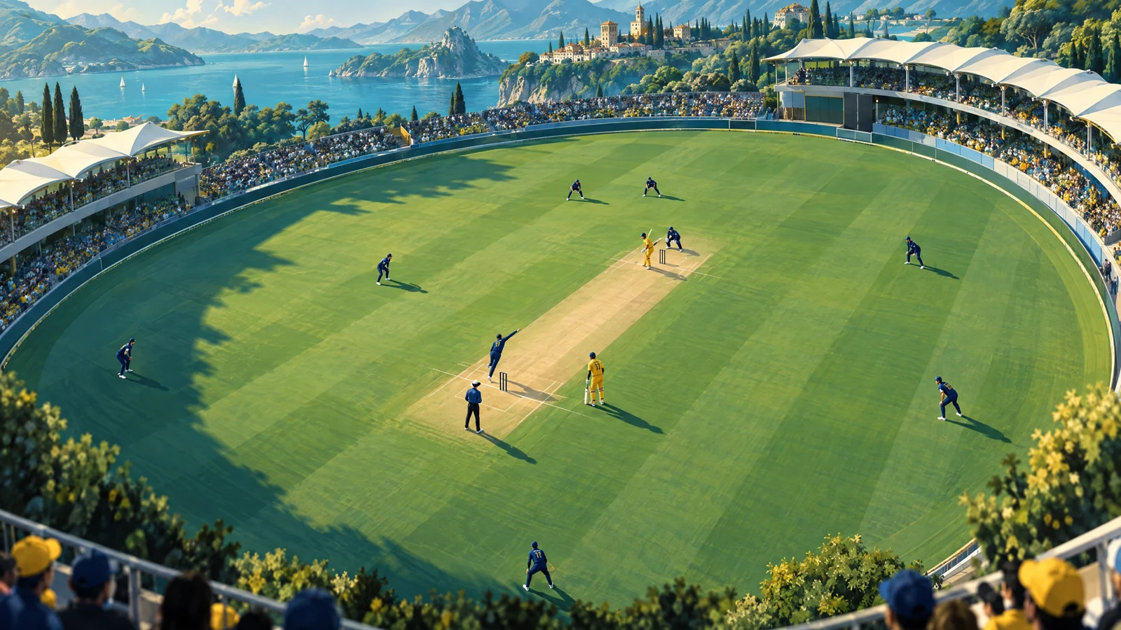 Original fictional cricket-ground artwork for the Maldives vs Singapore preview